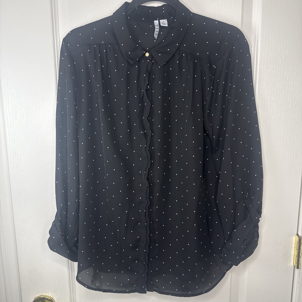 ELLE Womens L Black Polka Dot Sheer Blouse Scalloped Button Up Roll Tab Sleeve